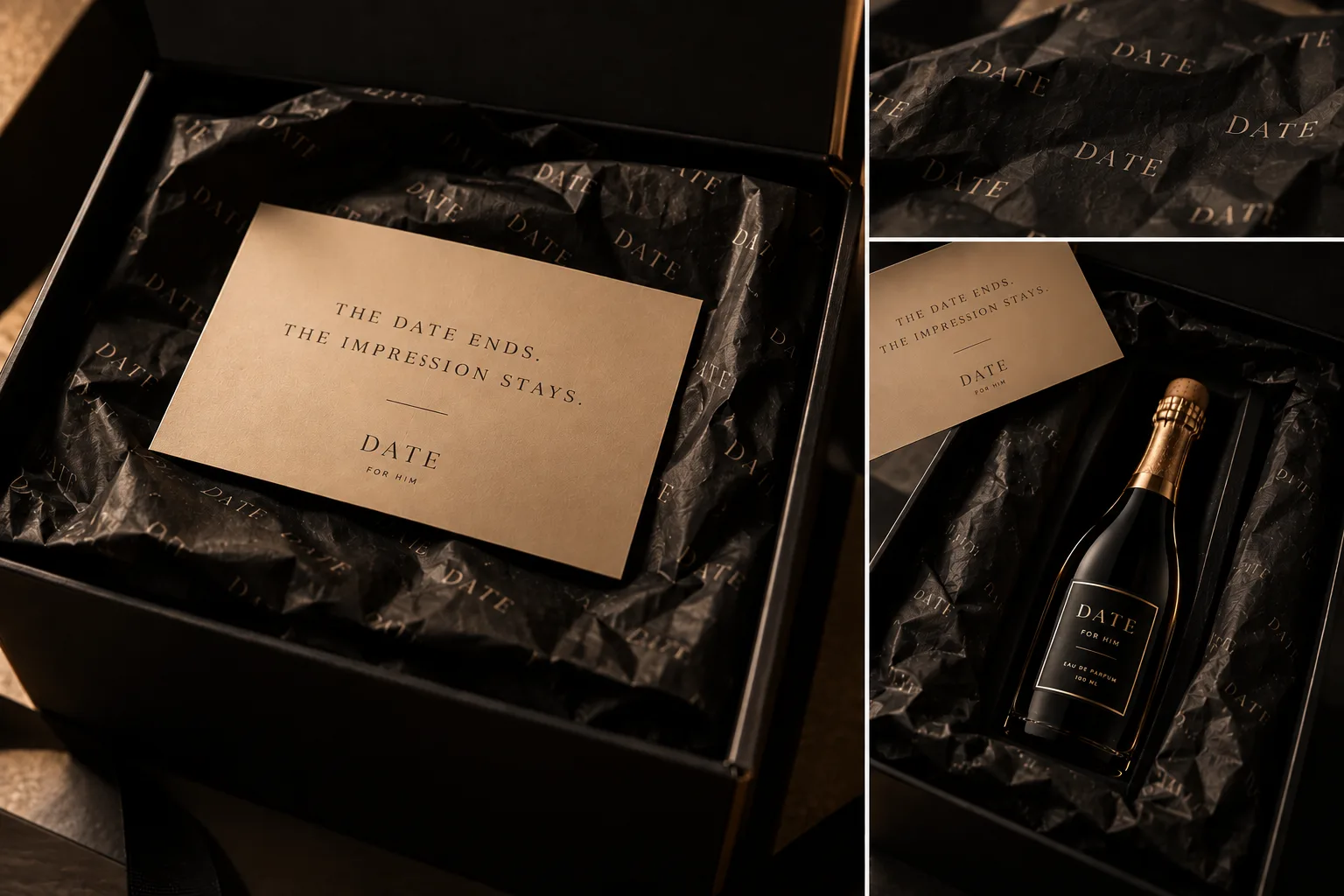 DATE unboxing with card reading 'The date ends. The impression stays.'