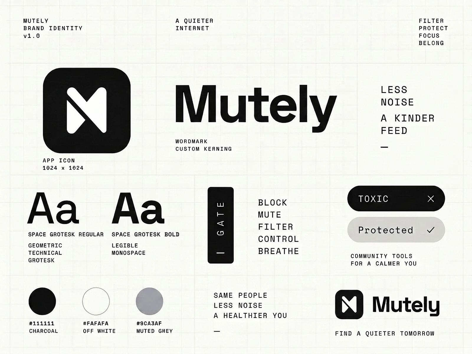 Mutely identity system — logo, wordmark, typography, colours and graphic elements
