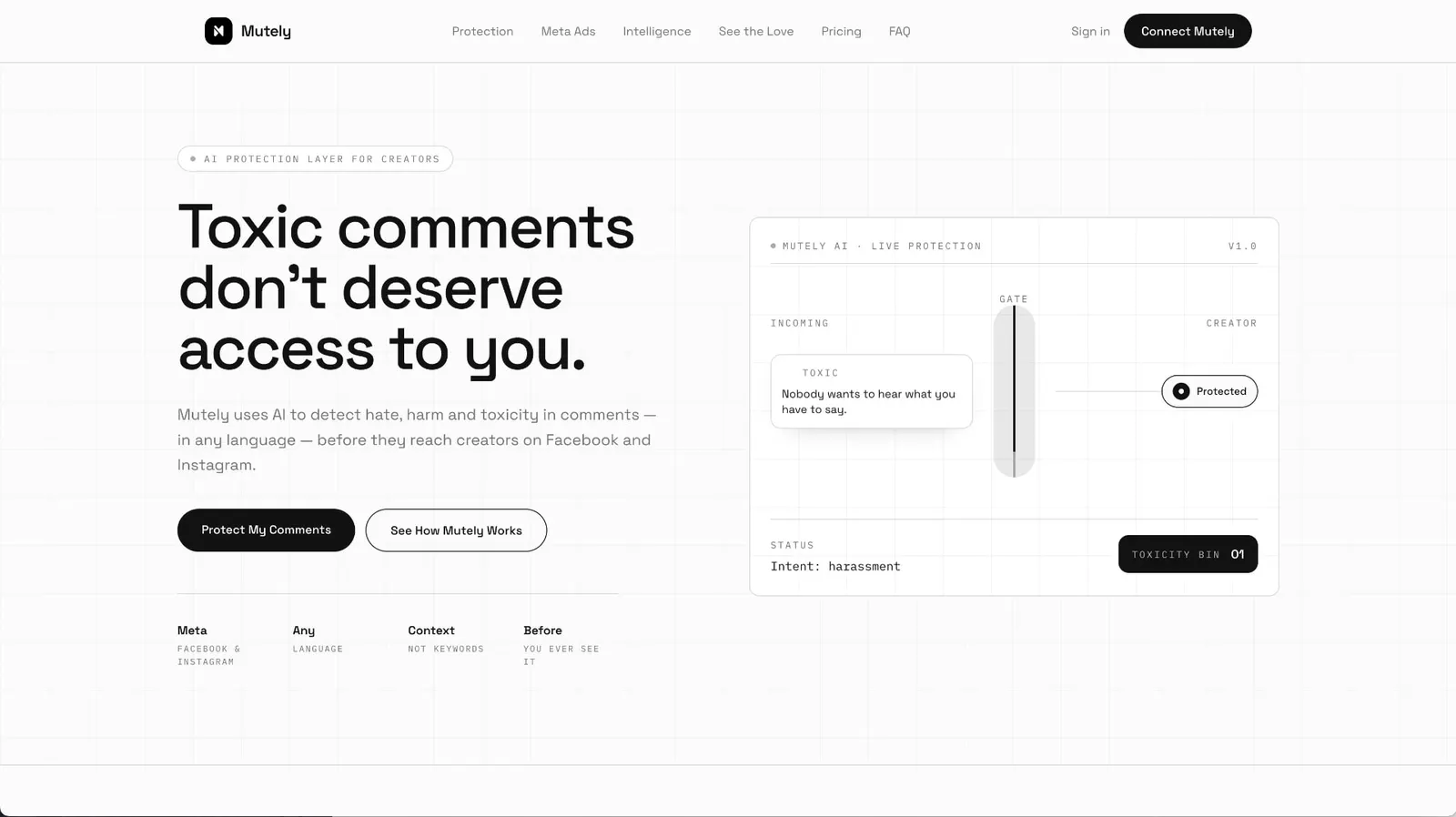 The Mutely website — 'Toxic comments don't deserve access to you.'