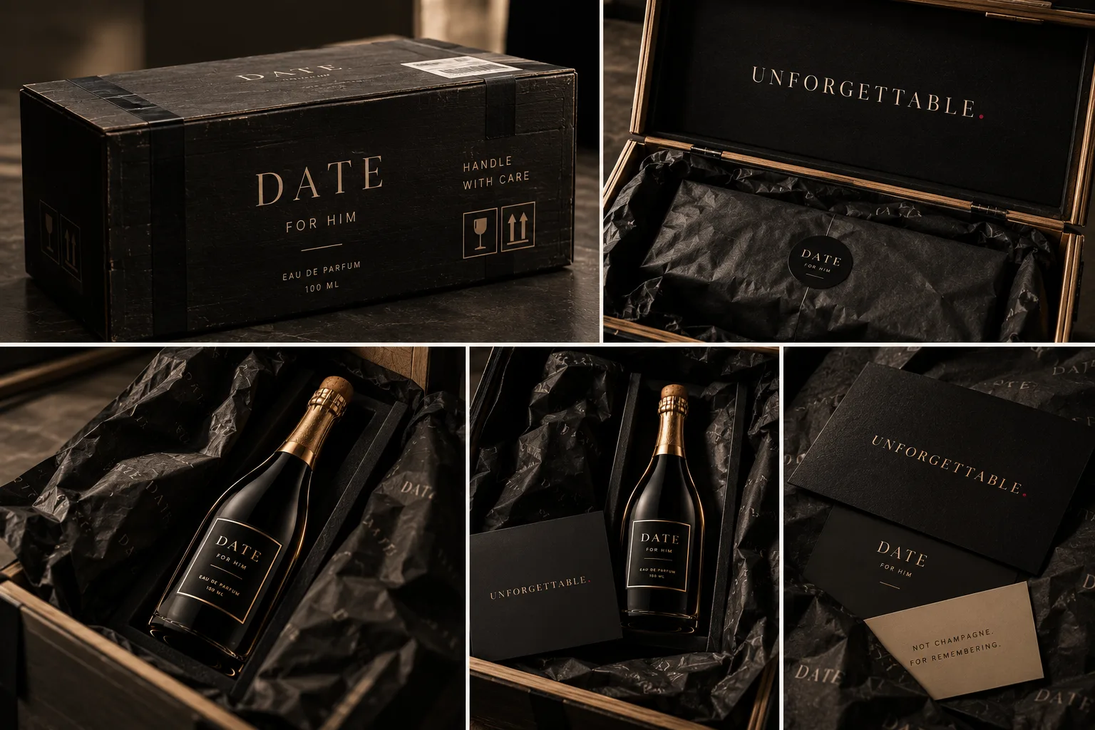 DATE identity across bottle, box, tissue and printed cards