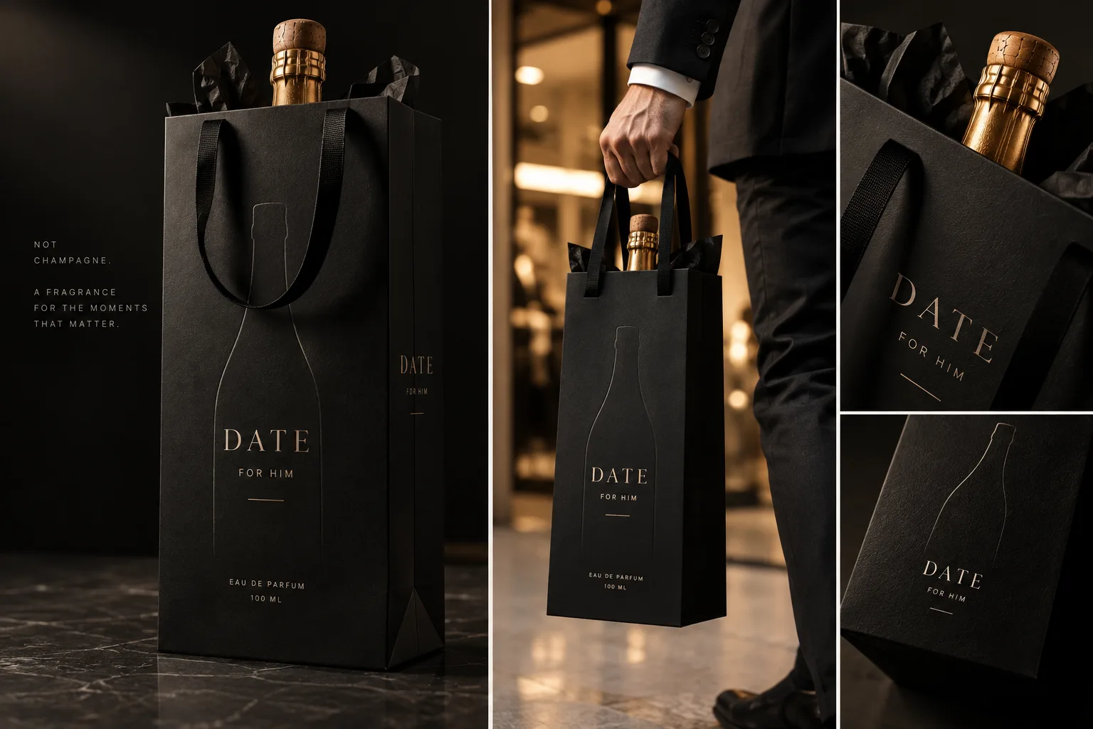 DATE gift bag extending the black and champagne visual idea
