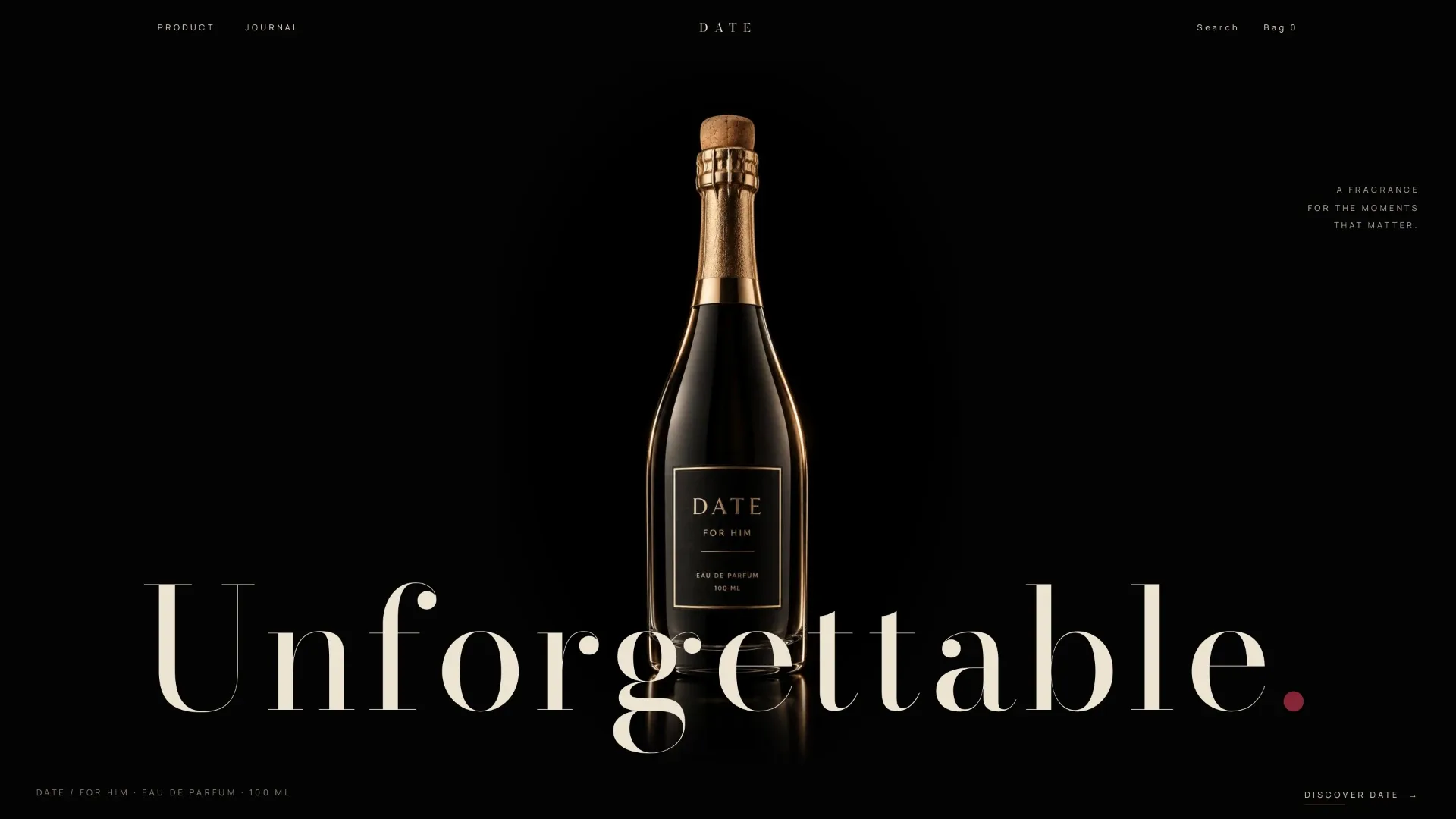 The DATE for Him bottle — champagne-shaped, black and champagne