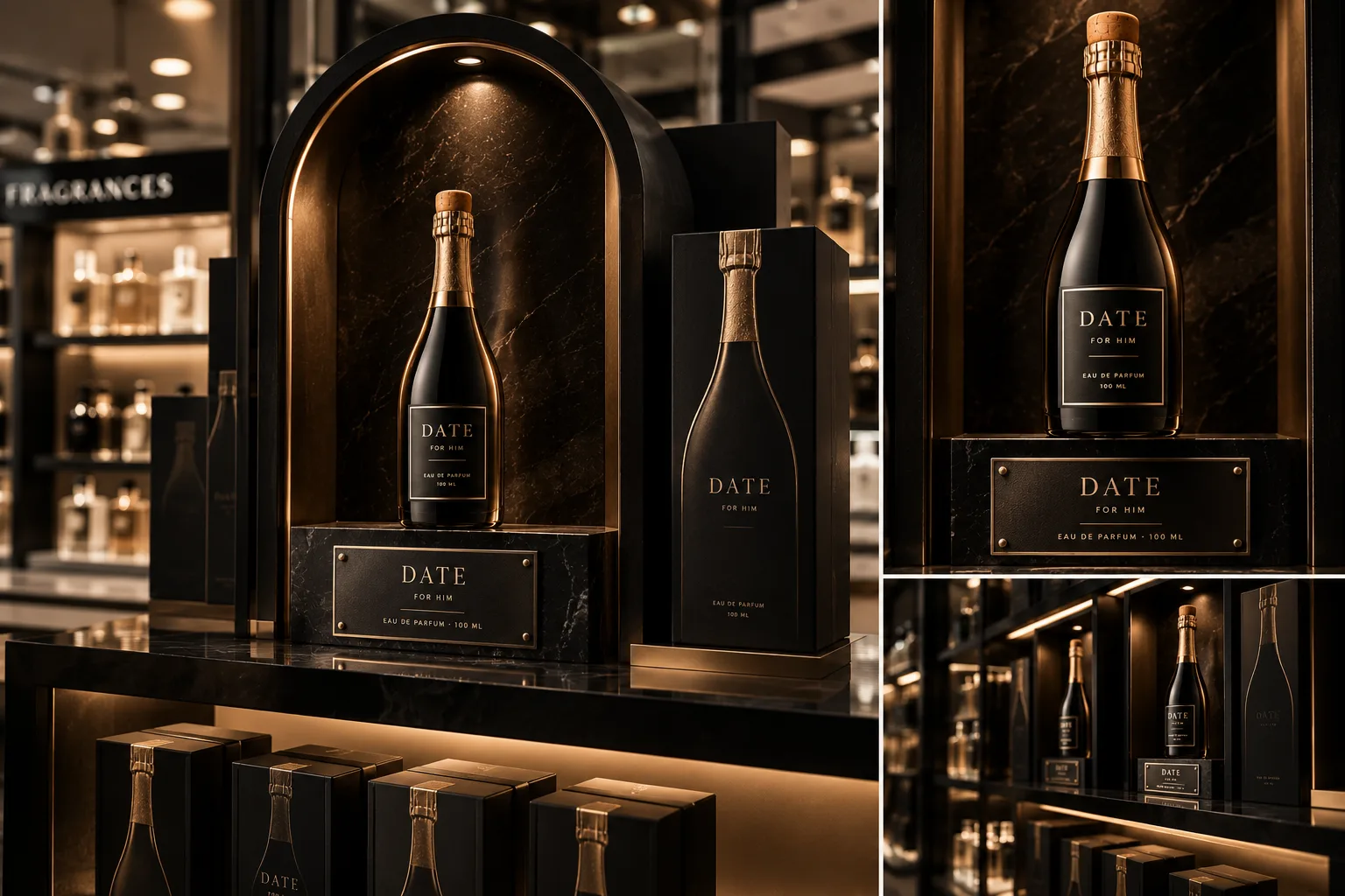 DATE fragrance positioned as a champagne-inspired object at retail