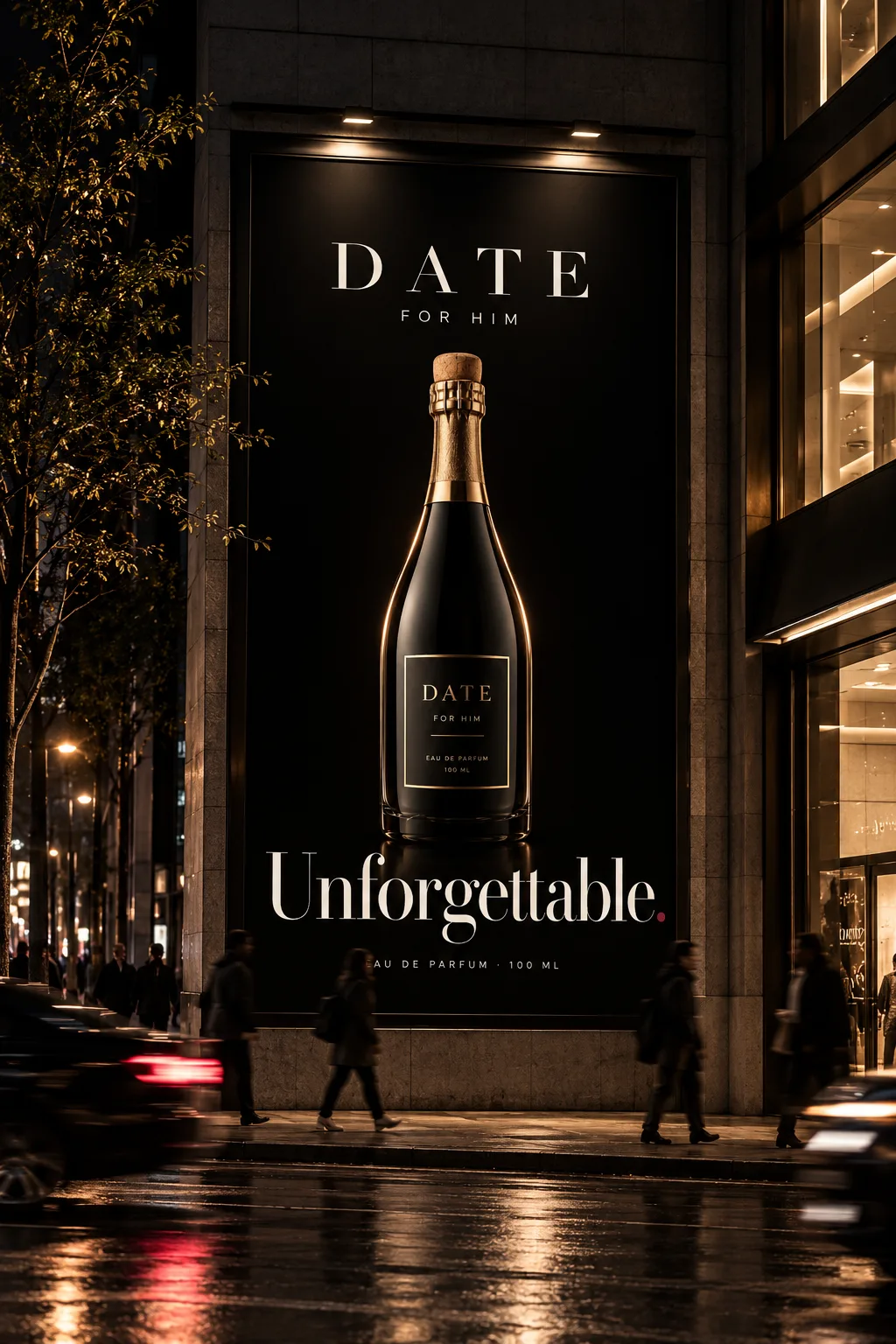 DATE campaign billboard interrupting a city street at night